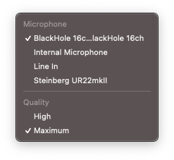 New Audio Recording settings screenshot