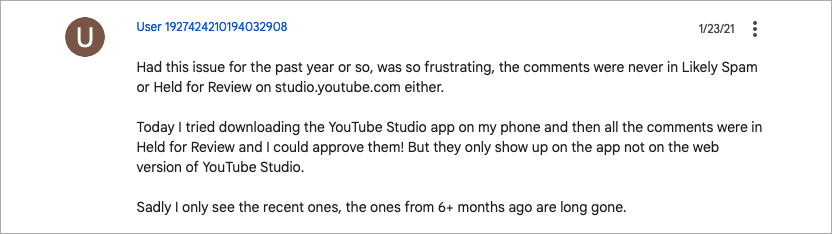 Screenshot of my comment confirming the mobile app shows the missing comments