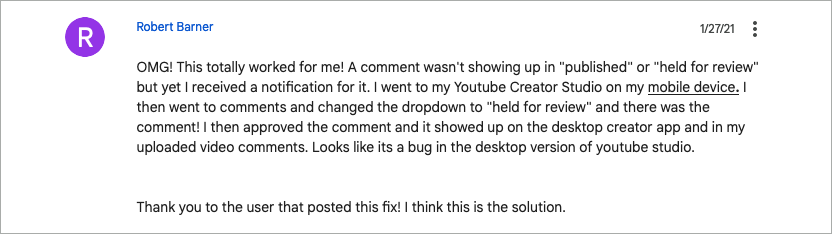 Screenshot of a newer comment confirming the mobile app worked too