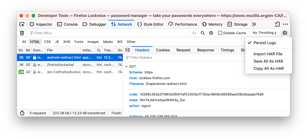 Network tab intercepting OAuth redirect