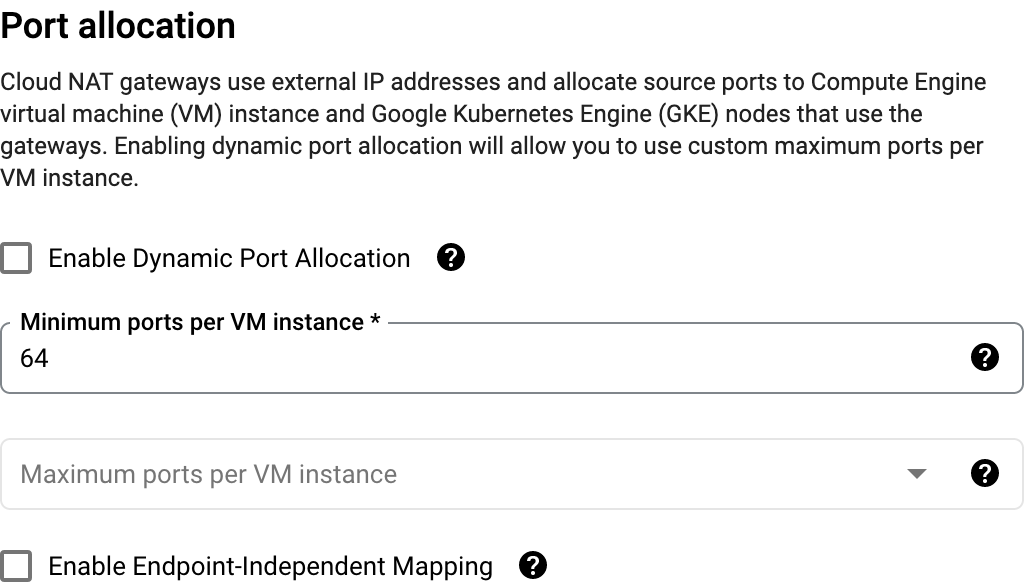 Default Cloud NAT port allocation settings